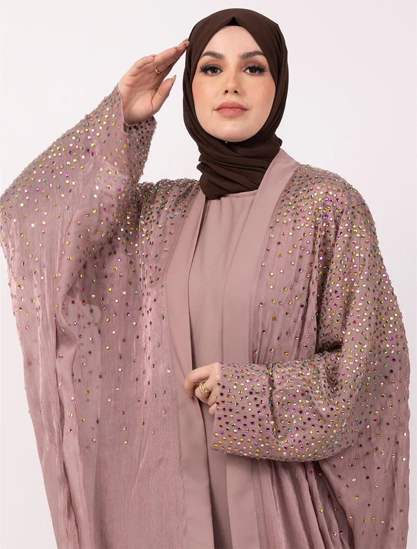 Pink Multi Crystal Embellished Sheer Overlay Abaya